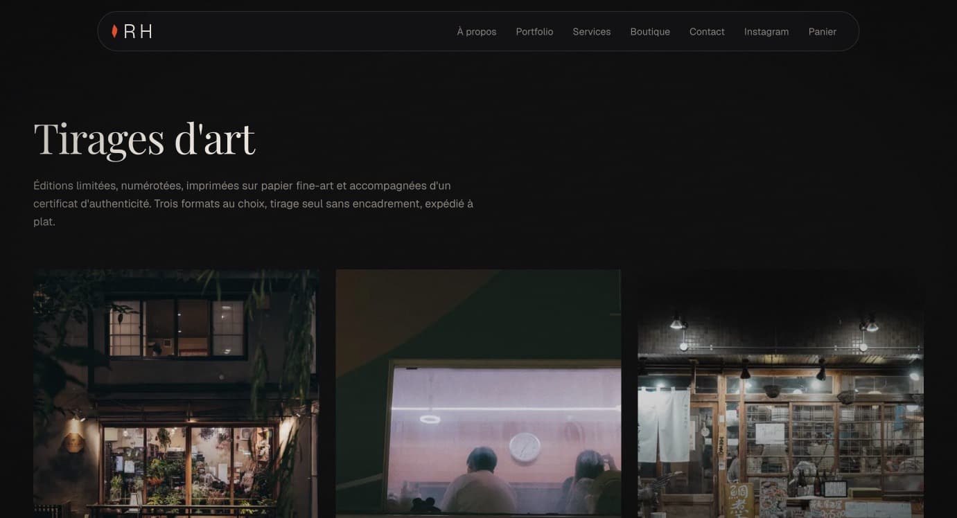 rubenhaccoun.fr, page Boutique : tirages d'art en éditions limitées, trois photographies de nuit