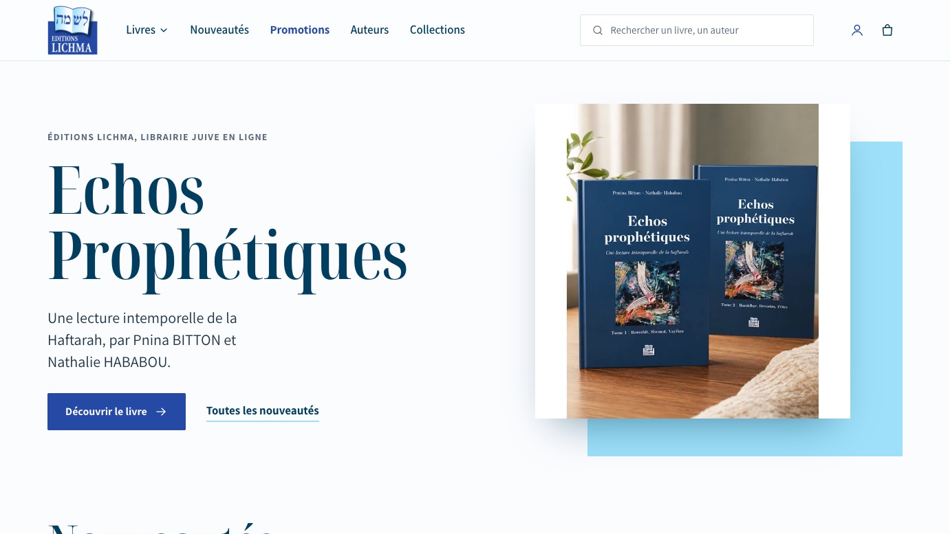 Éditions Lichma, page d'accueil : la nouveauté Echos prophétiques, deux tomes posés sur une table