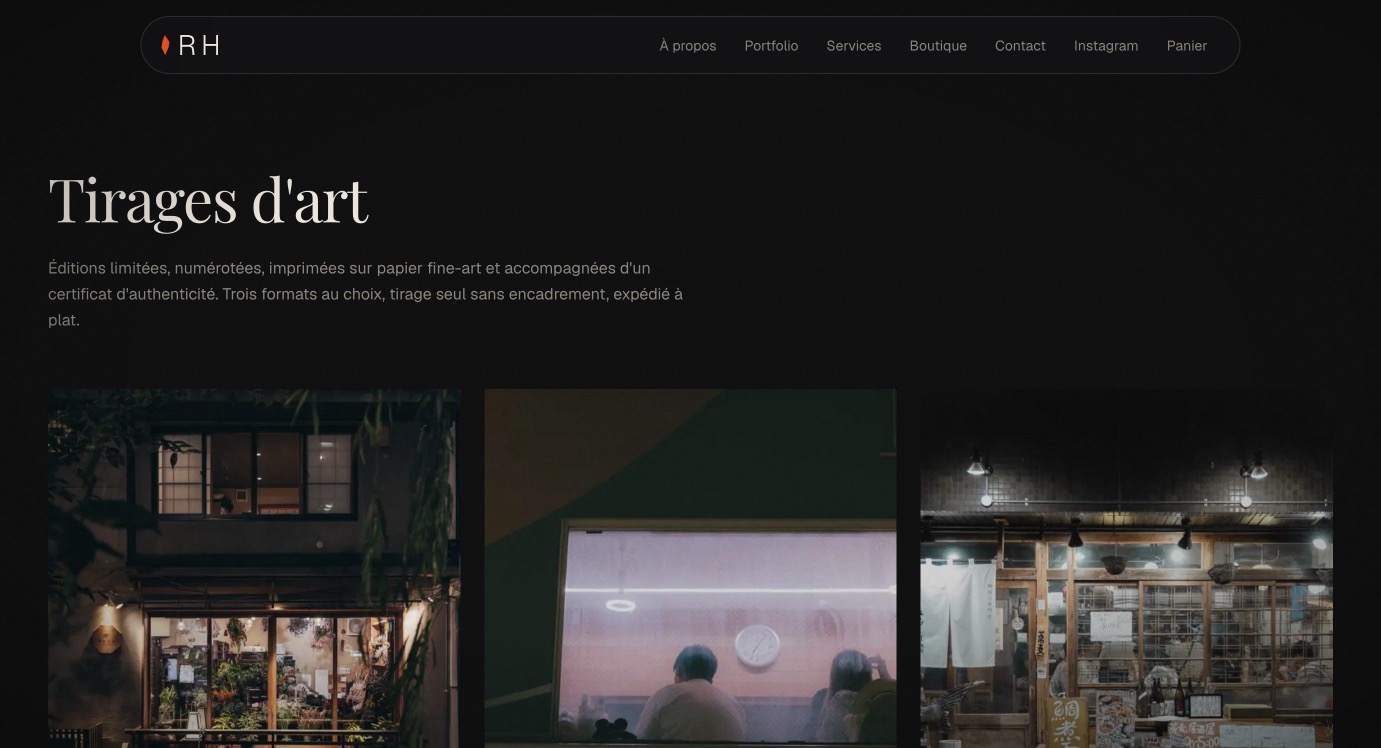 rubenhaccoun.fr, page Boutique : tirages d'art en éditions limitées, trois photographies de nuit
